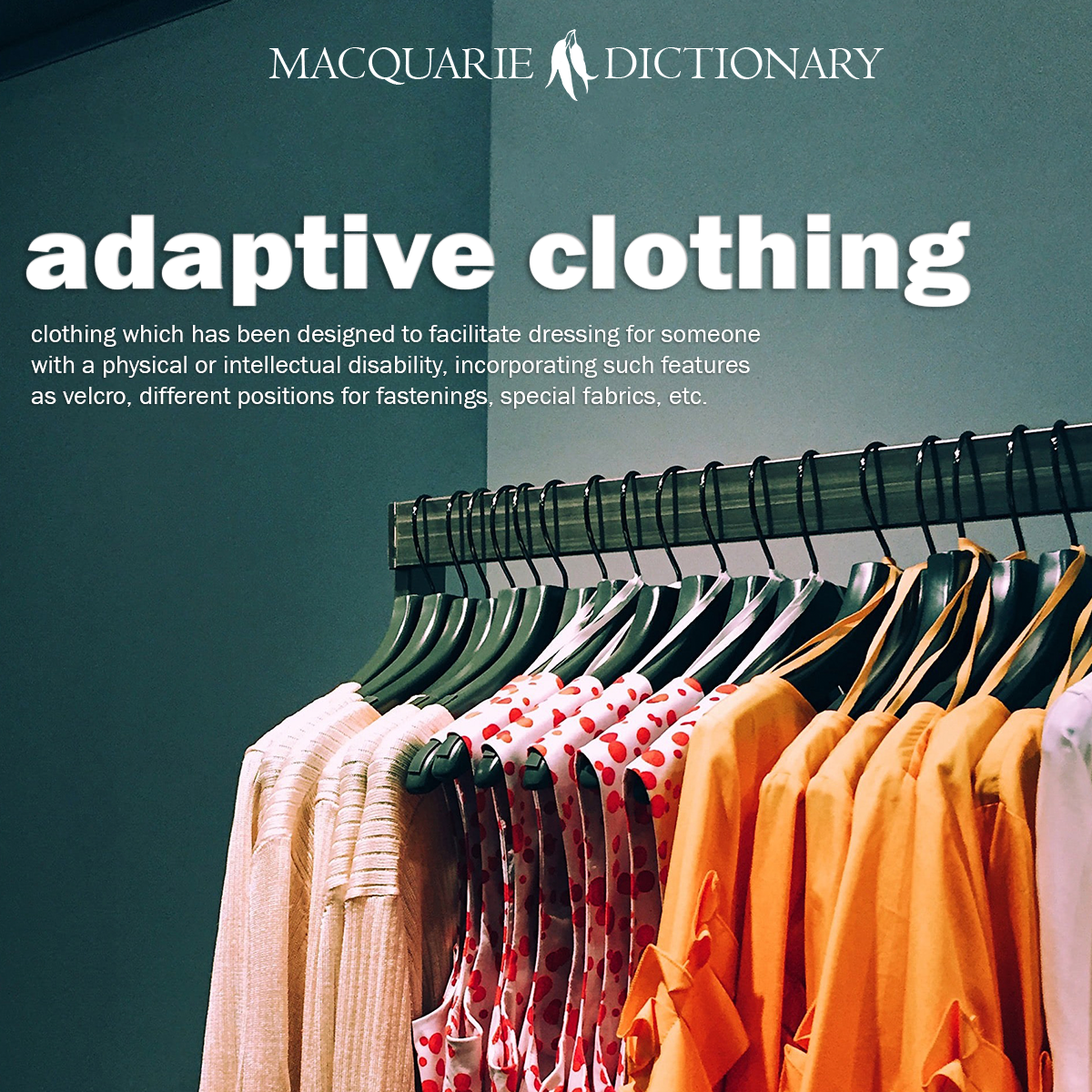 adaptive clothing - clothing which has been designed to facilitate dressing for someone with a physical or intellectual disability, incorporating such features as velcro, different positions for fastenings, special fabrics, etc