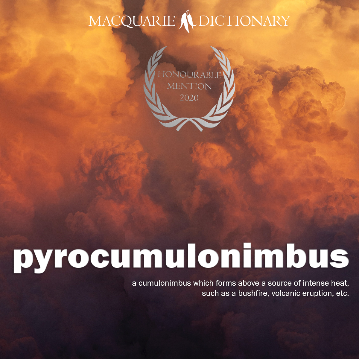 pyrocumulonimbus - a cumulonimbus which forms above a source of intense heat, such as a bushfire, volcanic eruption, etc.
